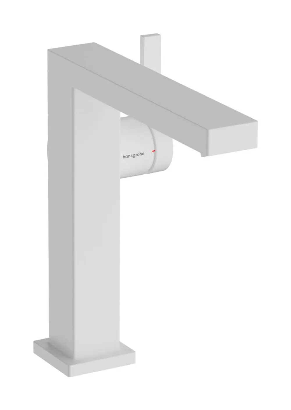 Einhebel-Waschtischmischer in Mattweiß von Hansgrohe mit quadratischem Design und integrierter Push-Open Ablaufgarnitur.